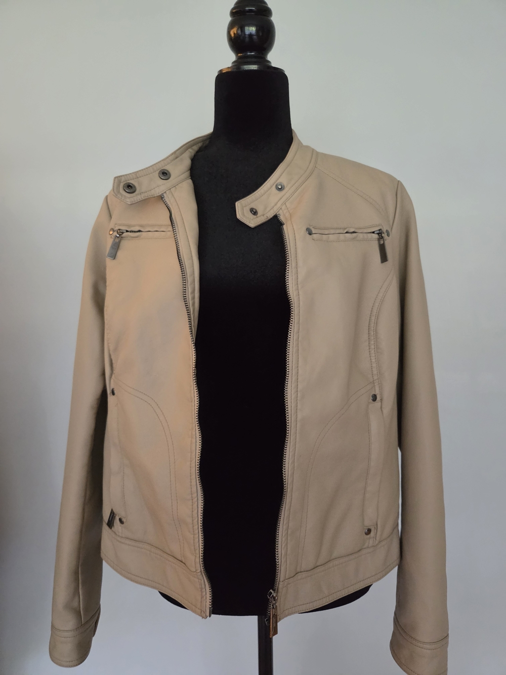 Jou Jou Beige Leather Moto Jacket with Snap Collar